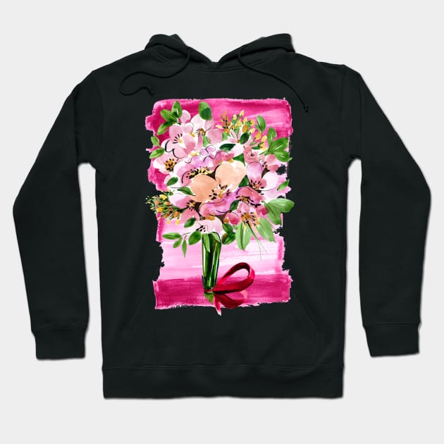 Pink flowers bouquet with red ribbon on pink background Hoodie by IngaDesign